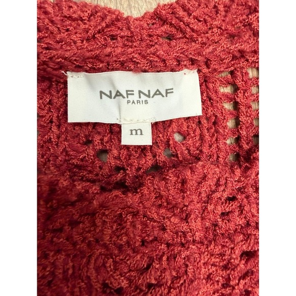 NAF NAF Paris Open Knit Sweater Red Acrylic Blend Scallop Hem Women's M - Picture 4 of 8